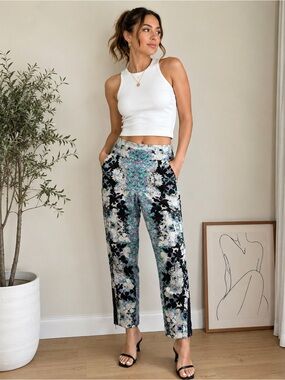 Textured Floral Jacquard Ankle Pants | Cigarette Pant, Crystal Accent |